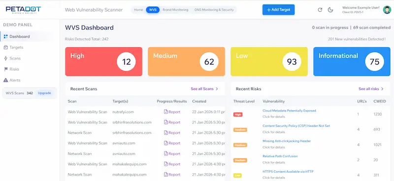 Web vulnerability scan dashboard